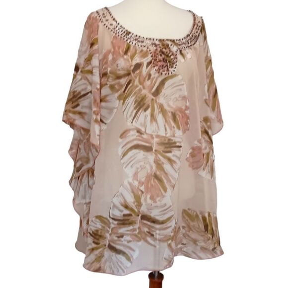 Lane Bryant Sheer Poncho Top Sz 2X 18 20 Beaded Leaf Print Tropical Kimono Flowy - Picture 3 of 13
